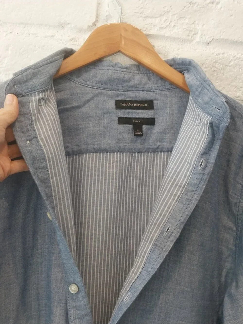 Banana Republic Untucked Slim Fit Double Cloth Blue Shirt Mens L Solid Stripped,